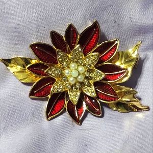 Gorgeous High End Red Enamel Rhinestone Faux Pearl Poinsettia Flower Pin Brooch